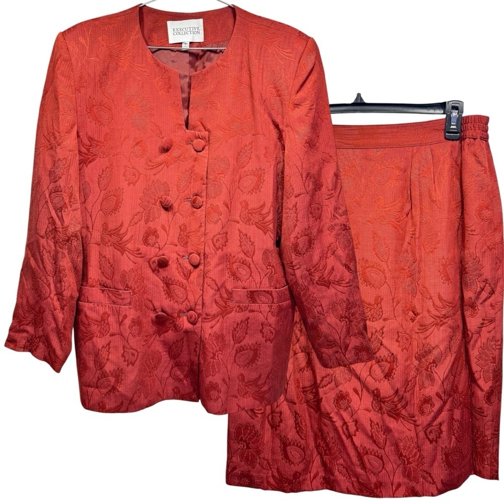 2 Piece Set Vintage Skirt and Jacket Rust Red Embossed Floral Double Breasted 18